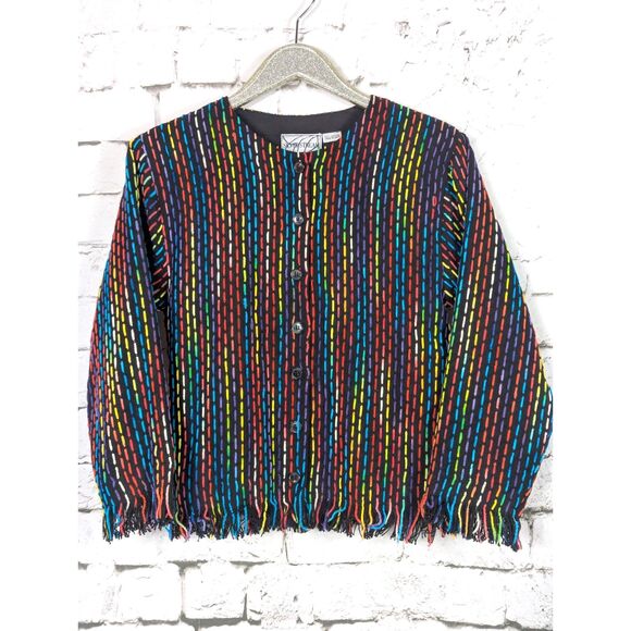 VINTAGE SILVER STREAM Colorful Artsy Chenille Yarn Fringe Cropped Jacket Small - Picture 1 of 6